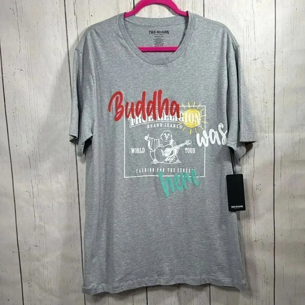 True Religion Buddha Was Here Graphic Tee Heather Gray Streetwear Skater XXL